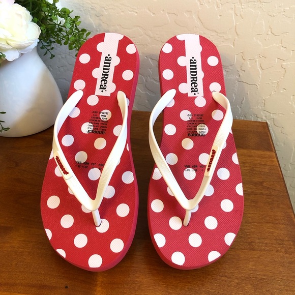 ❄️(5/$30) Andrea Sandals Flip Flops Beach Polka Dot Red White Size 9 - Picture 7 of 7